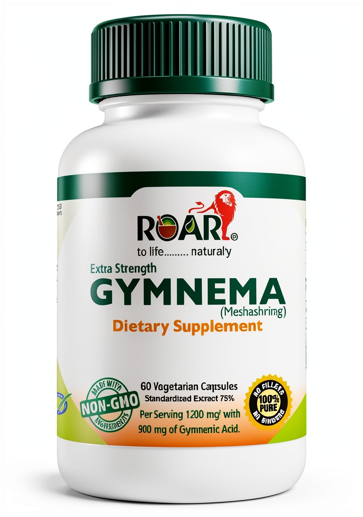 Gymnema Sylvestre supplement bottle and capsules displayed on a natural background