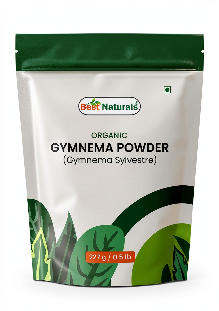 Organic Gymnema powder being mixed into a green smoothie