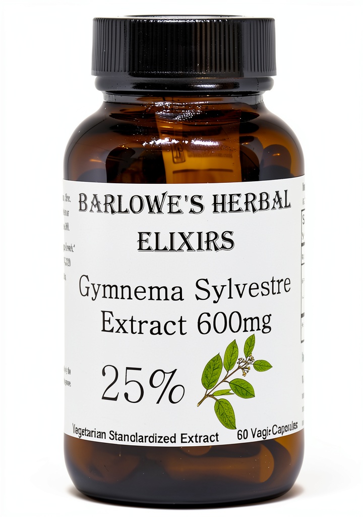 Barlowe Gymnema Sylvestre capsules in glass bottle on a natural background