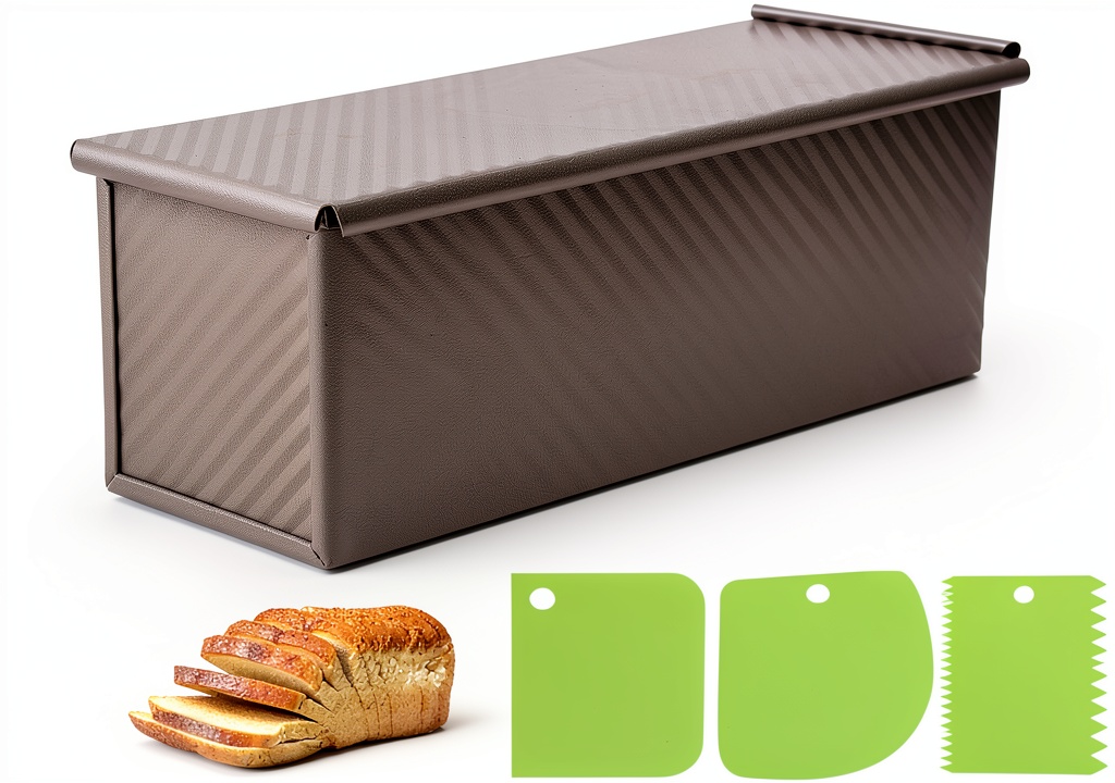 'Spmarkt Pullman Loaf Pan with lid and dough scraper on a kitchen counter'