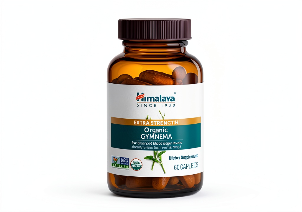 Himalaya Extra Strength Organic Gymnema bottle and caplets on a natural background