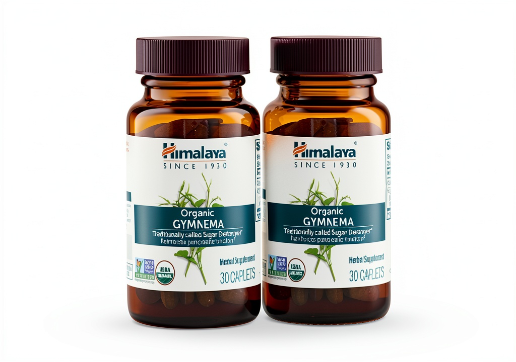 Himalaya Gymnema Sylvestre supplement bottle and capsules on a natural background